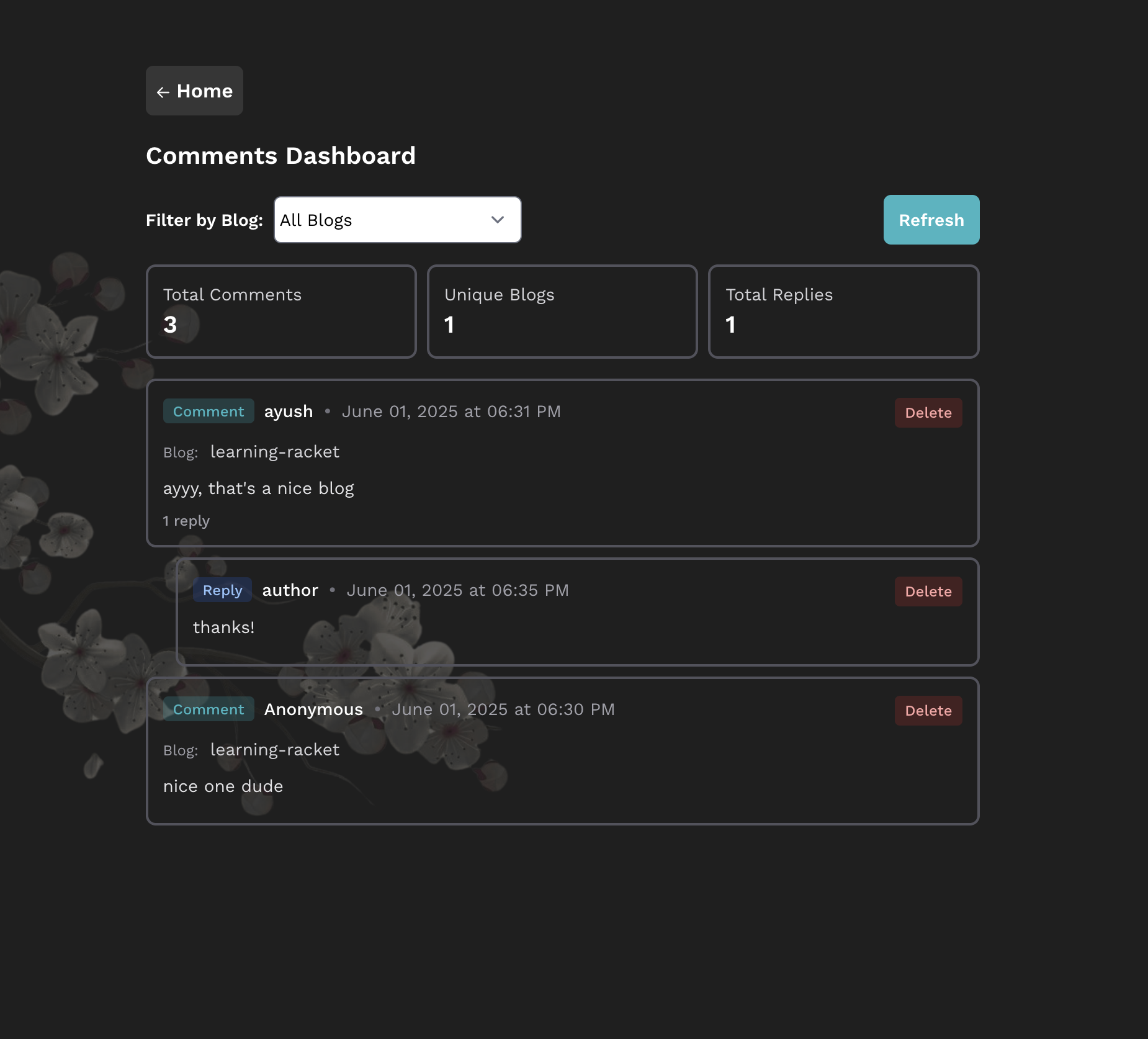 Comments Dashboard